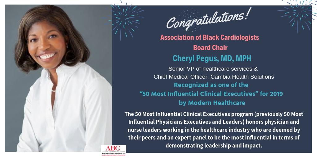 ABCardio1's tweet photo. Congrats! @CPegusMD @ABCardio1 Board Chair & SVP of Health Care Services/CMO at @Cambia, for being named one of the “50 Most Influential Clinical Executives” for 2019 by @modrnhealthcr. #MHTop50 #WomenInCardiology #BlackWomenInMedicine https://t.co/NQ2wuIINvC https://t.co/jY1xIzTWSI