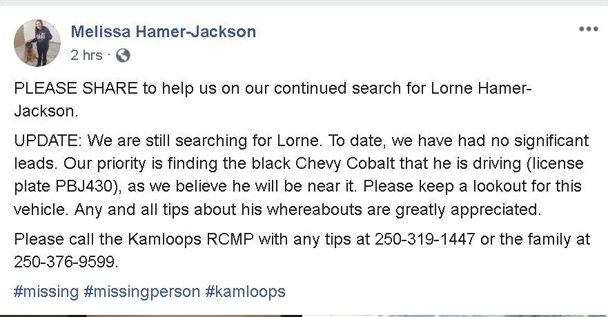 Kamscan's tweet photo. #Kamloops #Missing person Lorne Hammer-Jackson  please RT retweet https://t.co/HhV9AYJB0W