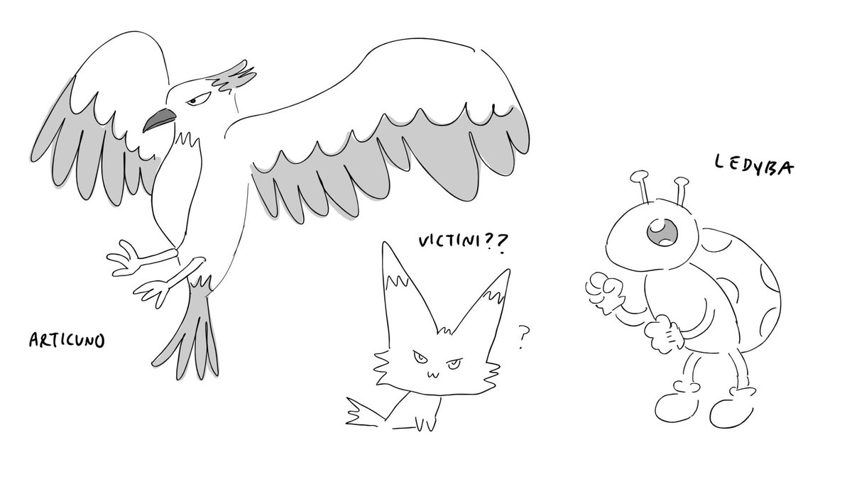 articuno, ledyba, and victini...????
i knew ledyba had white hands so i basically drew it with mickey mouse gloves and honestly im into it 