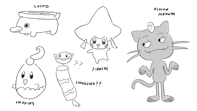 lotad, jirachi, happiny, chingling, and alolan meowth!
i forgot what chingling was and drew chimecho...SORRY 