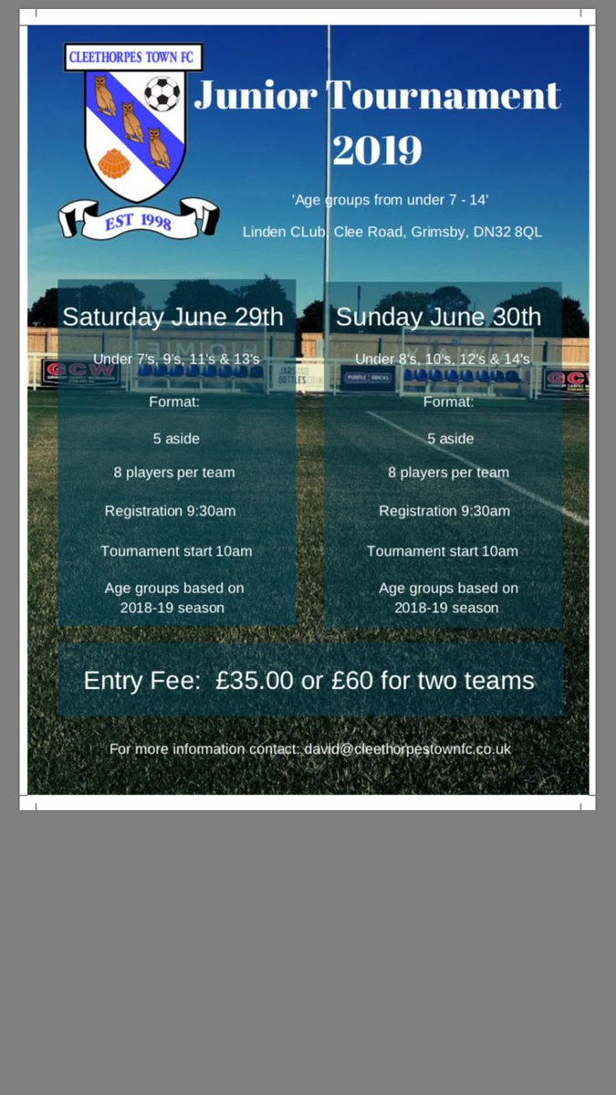 CleeTournament's tweet photo. Our boys tournament at the end of the month is now FULL! 
All managers have had an email sent out to them and now we look forward to seeing you all on the 29th and 30th June ⚽⚽⚽⚽⚽ https://t.co/7k9lLEApPV