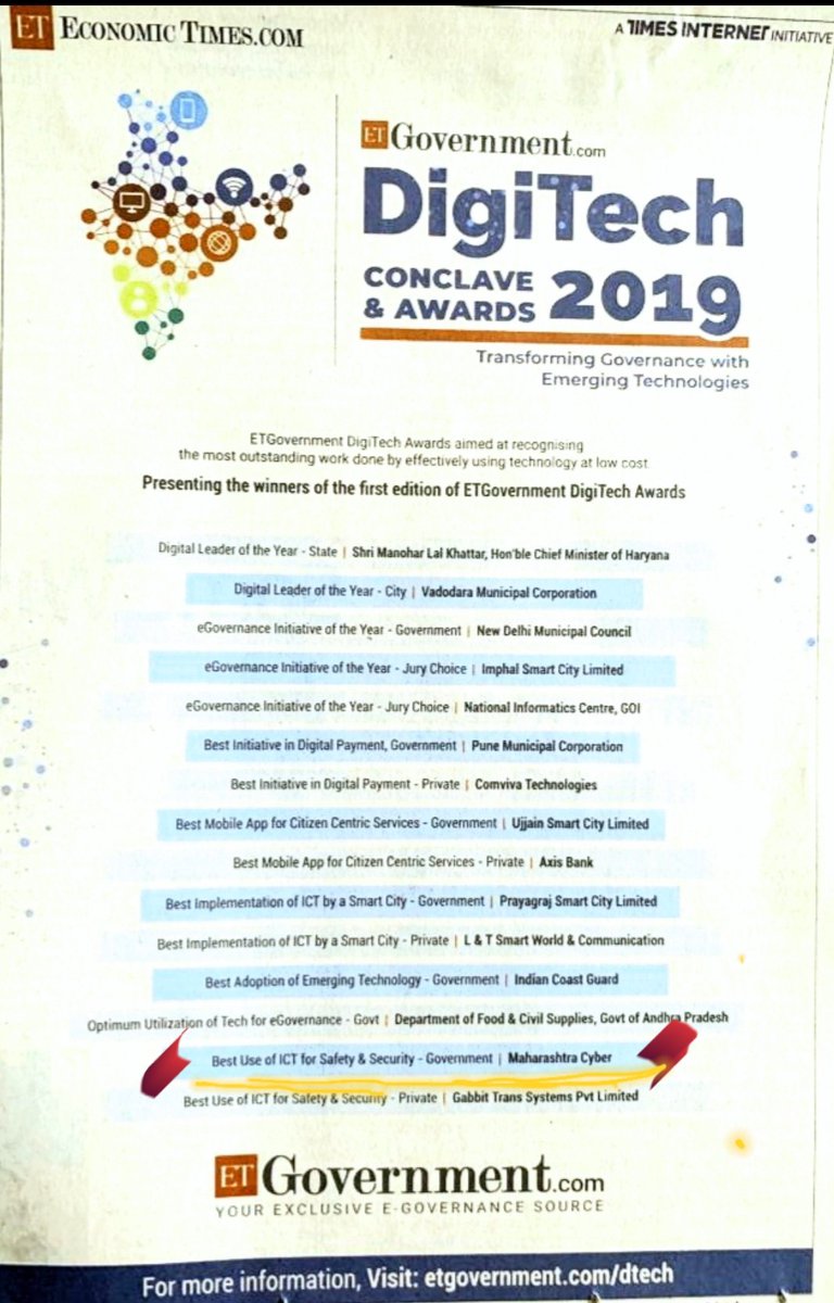 rajputbalsing's tweet photo. @MahaCyber1 won award for best use of #ICT for Safety &security at #DigiTech2019 for #AMBISPROJECT organized by @ET_Government @Timesinternet @EconomicTimes
Thank you for your support
@Brijeshbsingh
@CMOMaharashtra
@CyberDost
@HMOIndia
@PMOIndia
@MahaDGIPR
@DGPMaharashtra https://t.co/baaURhRIWK
