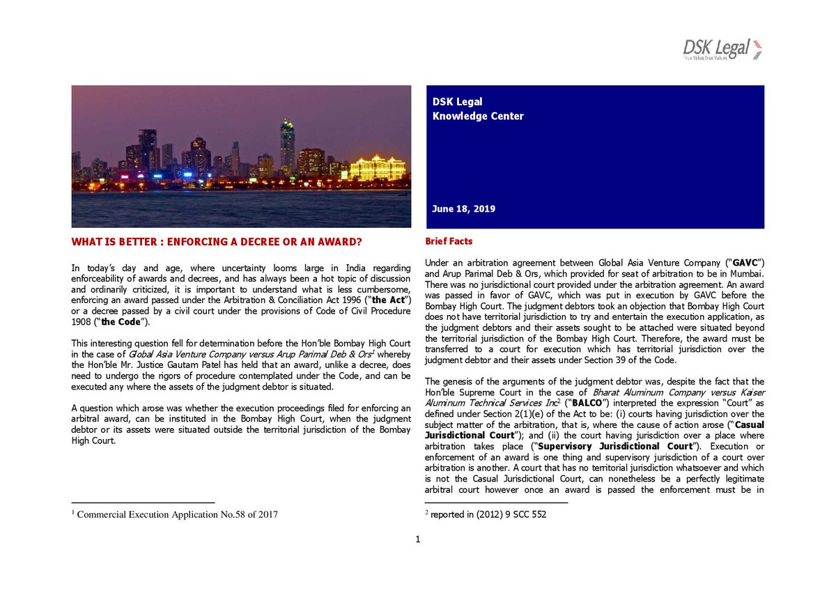 What is better: enforcing a decree or an award? Samit Shukla talks about this in our latest Article! #article #litigation #enforcement
 
Please click on the link below to read:
dsklegal.com/wp-content/upl…