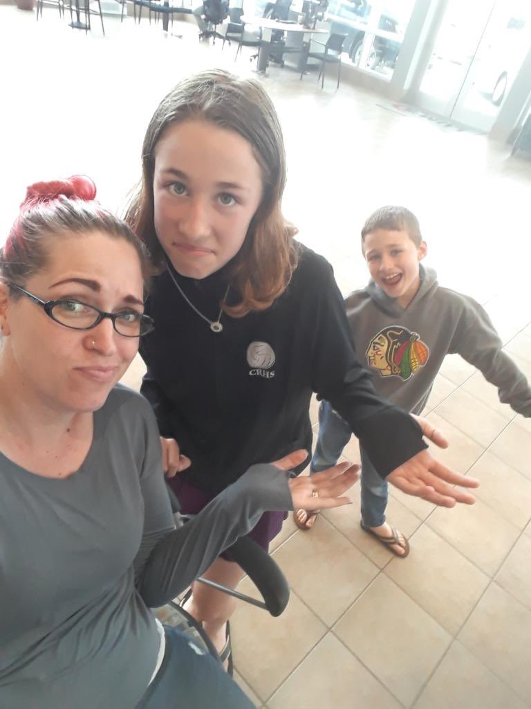 SarahCarman's tweet photo. When your kids want to take a fun selfie, you take a fun selfie! #notsosecretagent #momlife #fun #autismmom #kids #realtormom #toyotacare #rav4 #waiting #rouinemaintenance https://t.co/IO3Ol4BEKn
