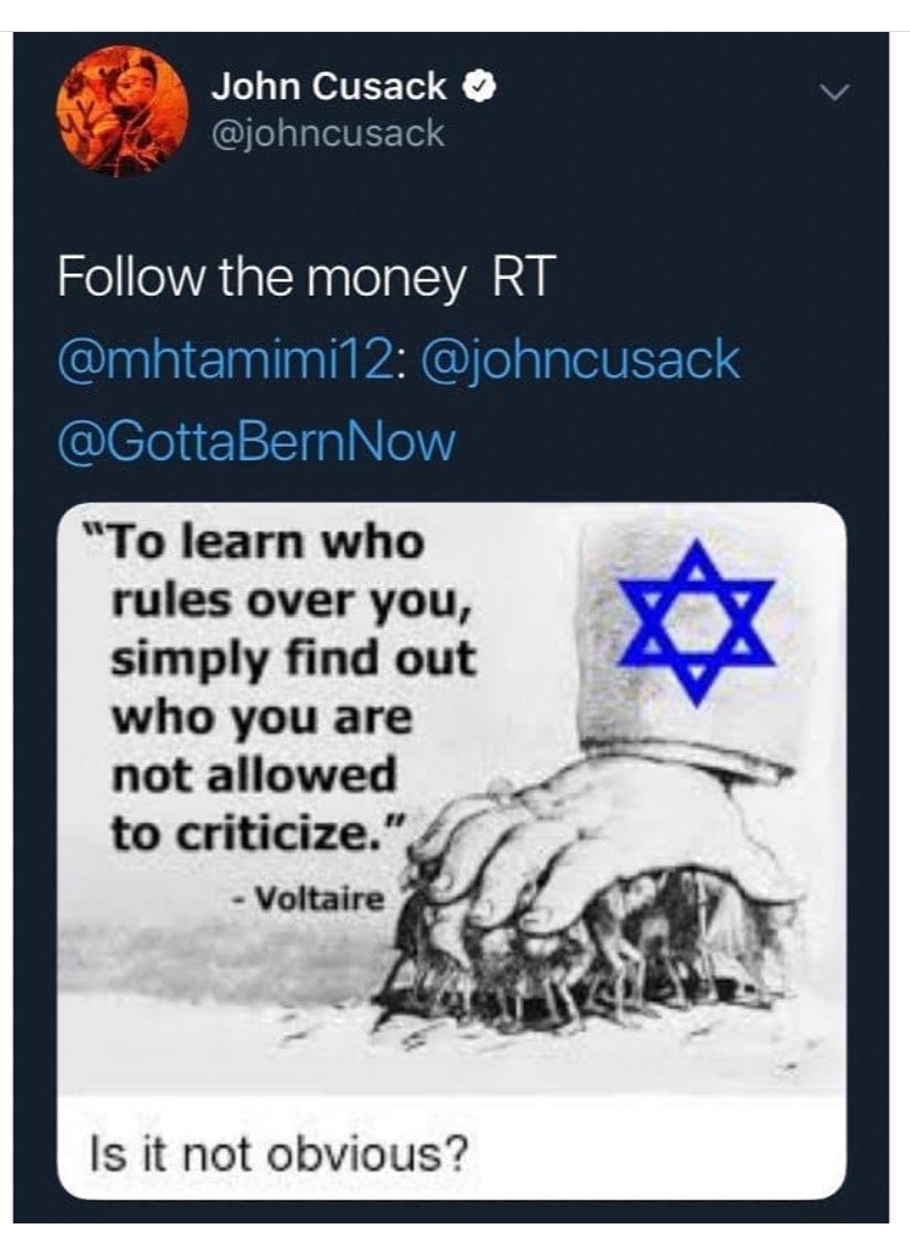 John Cusack, closet antisemite?
@johncusack #OwnYourFace #Internetisforever