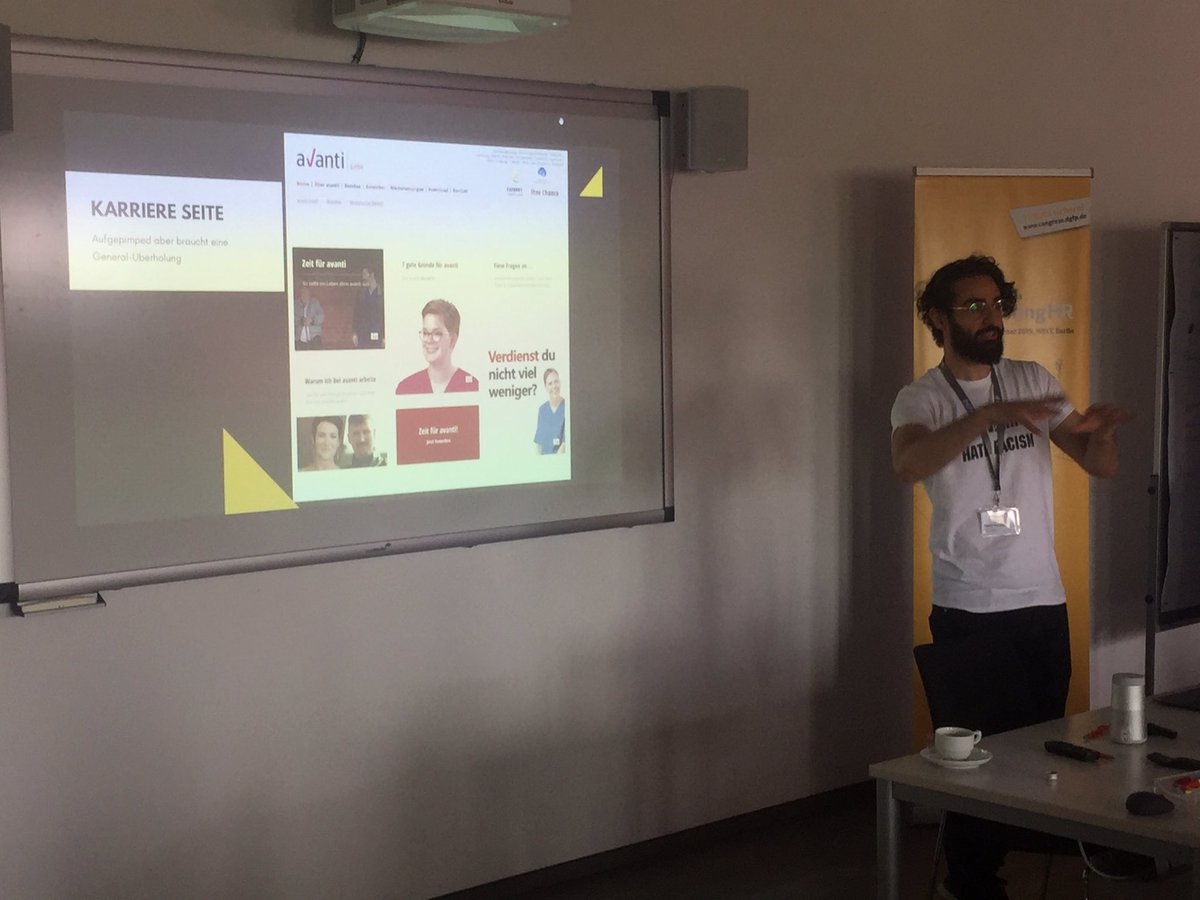 HR_ARTiXt's tweet photo. Ein weiterer #Marktstand-Betreiber: @PParniani stellt die digitale #Kampagne für einen Zeitarbeitsanbieter in der #Pflege vor. 

Emotionale Videos funktionieren, Benefit-Videos nicht. 

#Identität
#Kultur

@dgfp 
#Kompetenzforum #Recruiting 
für #KMU https://t.co/csKOlCbcGW
