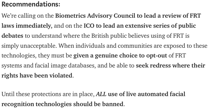  @doteveryone calls for a ban ALL use of live automated facial recognition technologies until and unless further protections are in place:  https://medium.com/doteveryone/https-medium-com-doteveryone-reining-in-lawless-facial-recognition-doteveryones-perspective-f11a618f37f1