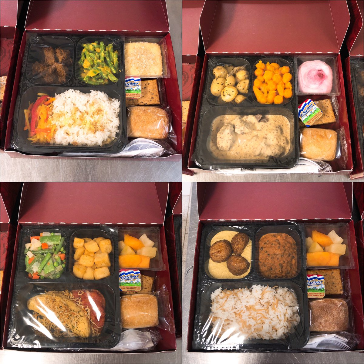 Some new pre-assembled  fresh frozen food boxes ready for a presentation. Hotmeal, bread, crackers, butter, dessert and cutlery set. Able to fit on the runners in a trolley or in a Standard Unit #totalsolutions #freshfrozen
