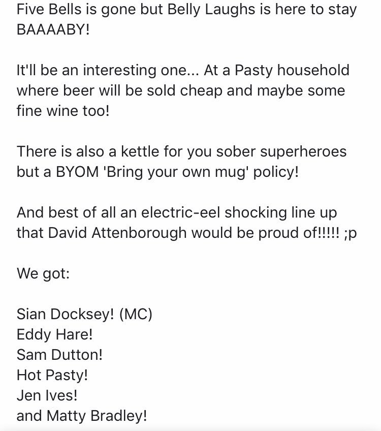 Yes we’ve lost our venue and yes it’s sad but you know what we still have? HOUSES THAT WE RENT. Come to Harrison’s house tomorrow for Belly Laughs. facebook.com/events/4352693…
