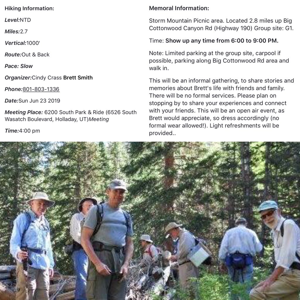 WasatchMtClub's tweet photo. Sunday, we remember Bret Smith with a Hike &amp; memorial. For details, follow this link- https://t.co/bqPH6EHGom https://t.co/WYnzHMMKbw