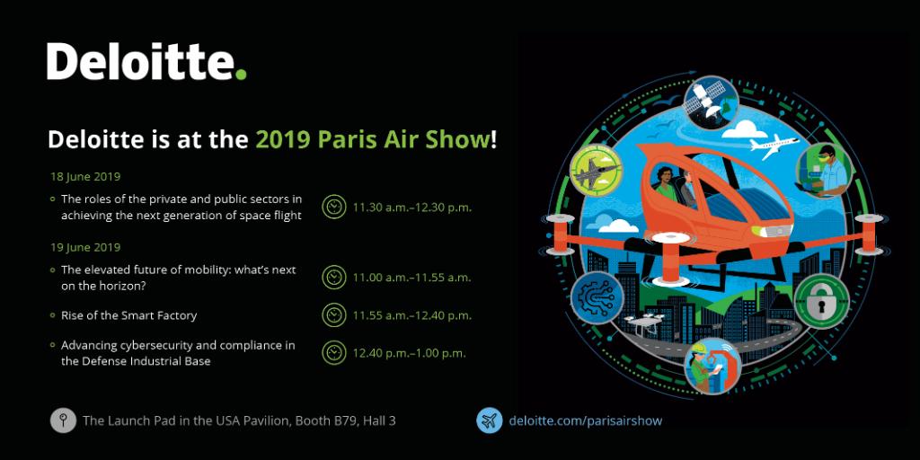 Deloitte's tweet photo. Join our #PAS19 sessions to discuss the future of #aerospace including #cybersecurity, elevated #FutureofMobilty, smart factory, and more. https://t.co/jFwmH79XpO https://t.co/oKtFvjTYci