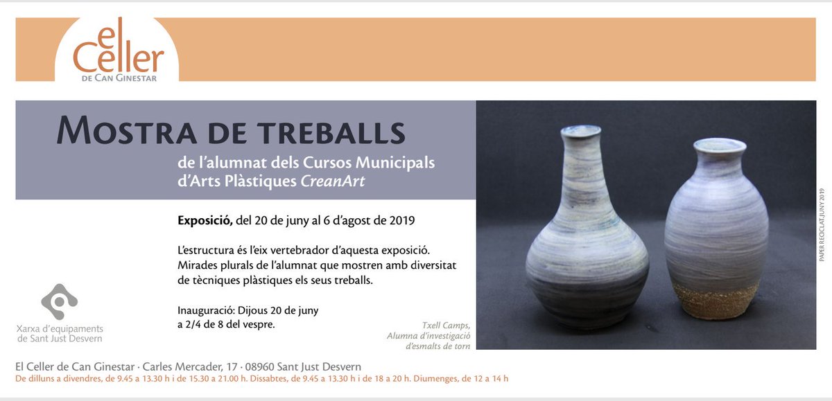 GaudimCreanart's tweet photo. Aquest dijous 20 a les 19.30h inaugurem l'exposició de les Arts Plàstiques Creantart al Celler de @cccanginestar
L’estructura és l’eix vertebrador d’aquesta exposició
Mirades plurals de l’alumnat que mostren amb diversitat de tècniques plàstiques els seus treballs
Us hi esperem! https://t.co/b6dMsMg4ht