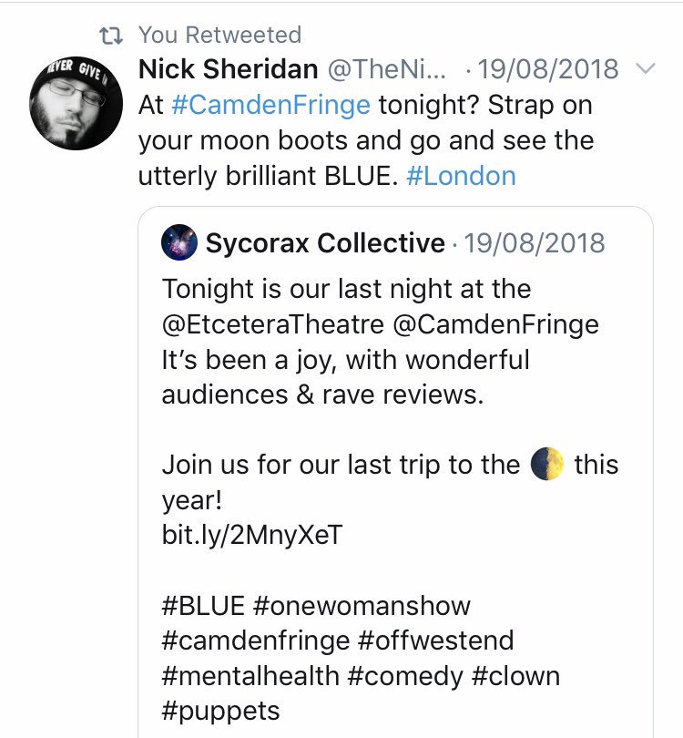 sycorax_co's tweet photo. Just some of the amazing comments from our audiences last year! 💙😍🦞🍋🌙
Come meet #BLUE! 
@OffBeatOx - 22nd June
@LandUTheatre - 30th June/1st July
🎟⬇️
https://t.co/bG0Wt3Wvmb
.
#onewomanshow #clown #mentalhealthawareness #acefunded #theatre #London #Oxford #stage #Offbeat19 https://t.co/p7rhPdqKGK