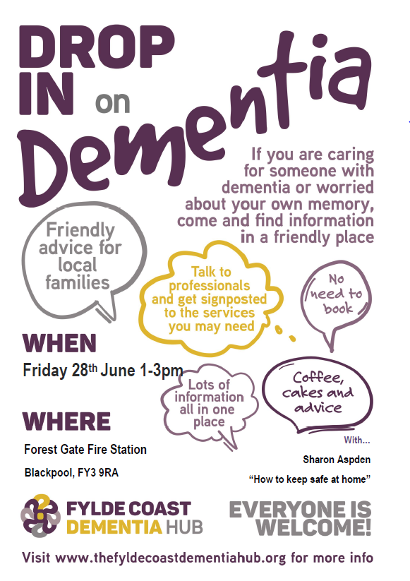 Next dementia hub on Friday 28th June 1-3pm at Forest Gate Fire Station Blackpool. Lots of information, support and advice for people living with dementia or worried about memory loss. #dementia #communitysupport Look forward to seeing you there