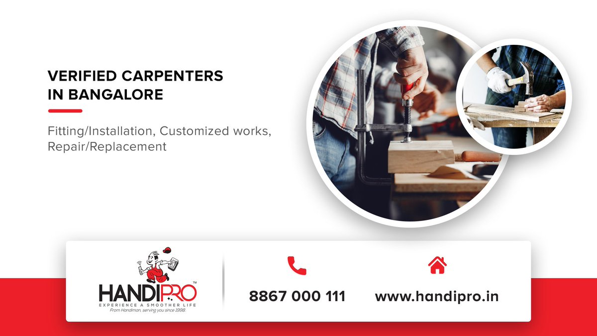 Handipro1's tweet photo. Background Verified Carpenters now in Bangalore!!
Call to hire an expert carpenter now.
For free estimate &amp; easy booking Call: 63629 00479 
also visit https://t.co/BK6PfEqAgJ

#DeepCleaning  #Carpenters #CarpenteringService #Bangalore #Handipro #Bengaluru https://t.co/r5M30NlZOj