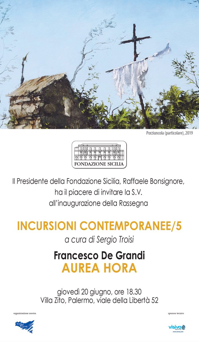 Nuovo appuntamento con Incursioni contemporanee, a cura di Sergio Troisi,  a @VillaZito con “Aurea Hora” di Francesco De Grandi. 
Giovedì 20 giugno alle ore 18.30 l’inaugurazione