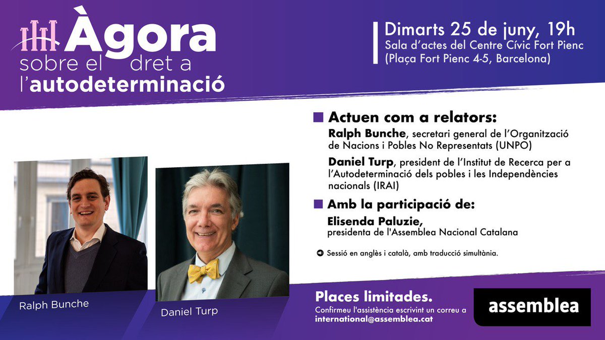 assemblea's tweet photo. ⬛️⬜️📢 Àgora sobre el dret a l'autoderminació
🗣 Amb la presència del secretari general de la @UNPOintl, Ralph Bunche, i el president d'@irai_qc, @danielturp, i la participació d'@epaluzie.
📍 Centre Cívic Fort Pienc (BCN)
📌 25 de juny | 19 h
👉 Places limitades!
#MakeAMove https://t.co/CwnpjpE2Zt