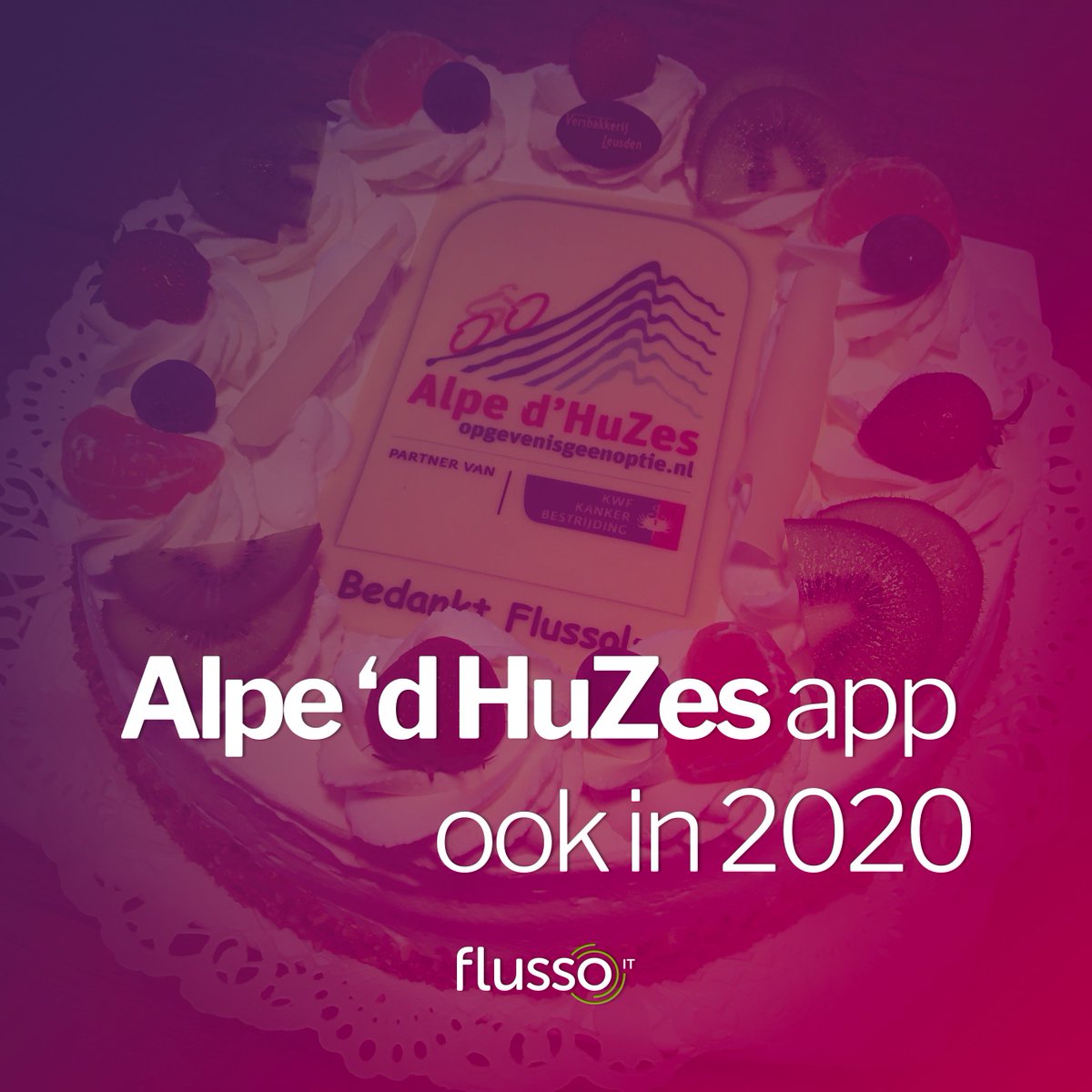 flusso's tweet photo. Ook dit jaar doneerden we de evenementen-app voor @alpedhuzes. Als dank ontvingen we een heerlijke taart. Onze collega’s werken met veel plezier en overgave aan dit goede doel. Volgend jaar kunnen ze weer op ons rekenen. We zorgen ook in 2020 voor de Alpe d’HuZes app! #ad6 https://t.co/pyB3AF1fqN