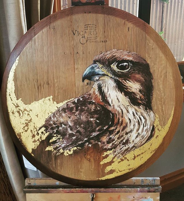 AllieFSimpson's tweet photo. Now included in the Otago Art Society Annual Exhibition. 'Focus' New Zealand Falcon. Karearea. Watercolour and gold leaf on an aged wine barrel lid. I am in love with watercolour on this surface. #1 in my lid series. #winebarrelart #nzfalcon #watercolors… https://t.co/8l8FKni0b3 https://t.co/as0lOnSKfG
