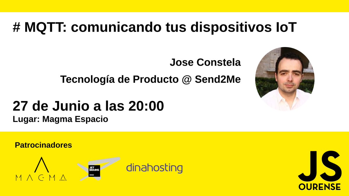 Woop woop! El jueves 27 tenemos nueva charla! @joseconstela nos hablará sobre #MQTT, cómo comunicar nuestros dispositivos electrónicos y cómo integrar #NodeJS en nuestros proyectos de #IoT. Para todos los niveles. ¡No os lo podéis perder! En <a href="/MagmaEspacio/">Magma Espacio</a> bit.ly/jsou1906