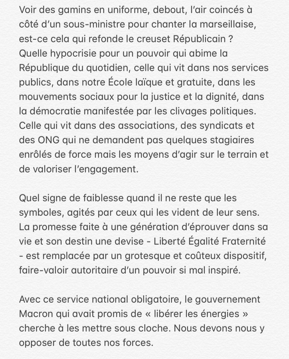 [ Service national ] 
La promesse faite à une génération d’éprouver dans sa vie et son destin une devise - Liberté Égalité Fraternité - est remplacée par un grotesque et coûteux dispositif, faire-valoir autoritaire d’un pouvoir si mal inspiré. #SNU