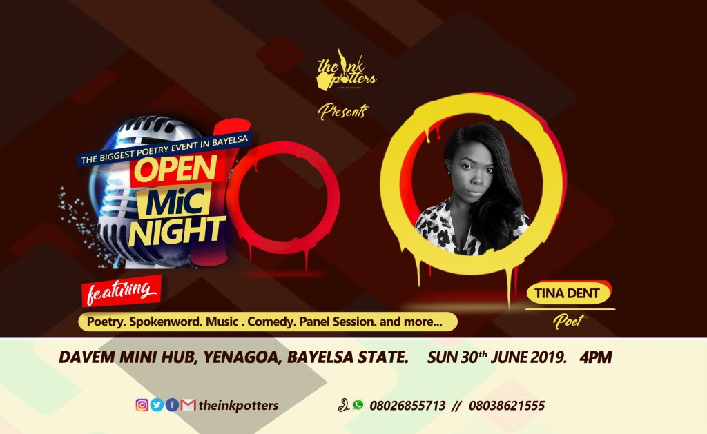 ebizimoarabina's tweet photo. Tina Dent, a Poet, will be thrilling guests at the Open Mic Night 10 to celebrate Dr Gabriel Okara

Date : Sunday 30th June 2019.

Time : 4PM.

Venue : Davem Mini Hub, Greenvilla junction, Yenagoa, Bayelsa State.

ENTRY IS FREE

#IjawTwitterCommunity #IjawTwitter #event #bayelsa https://t.co/kC33IqddNS