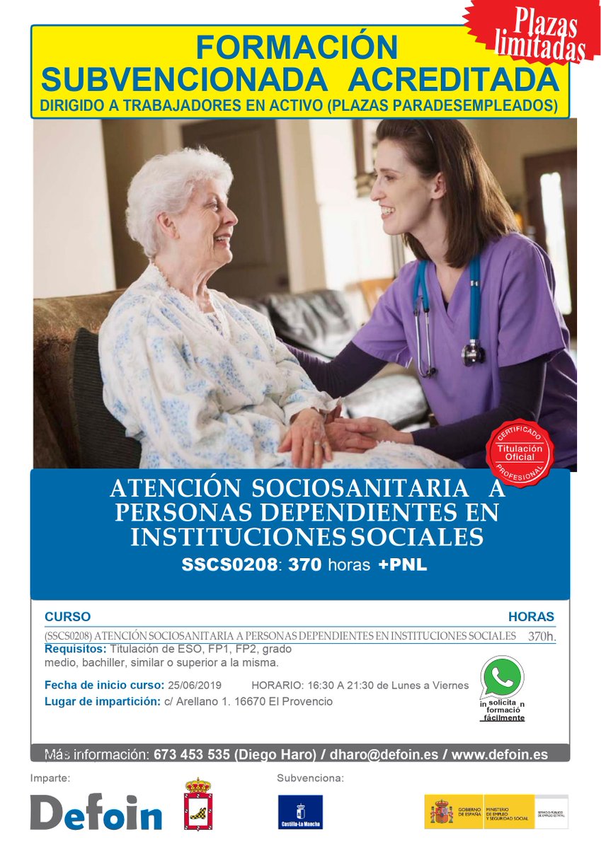 SCFMURCIA's tweet photo. Últimas plazas!#Curso de Atención sociosanitaria a personas dependientes en instituciones sociales. Certificado de Profesionalidad completo, gratuito y con prácticas en empresas. Se imparte en El Provencio, Cuenca, en horario de tardes. Info 673453535 @ceoecuenca @unicoprovencio https://t.co/R7nGdU4qHE