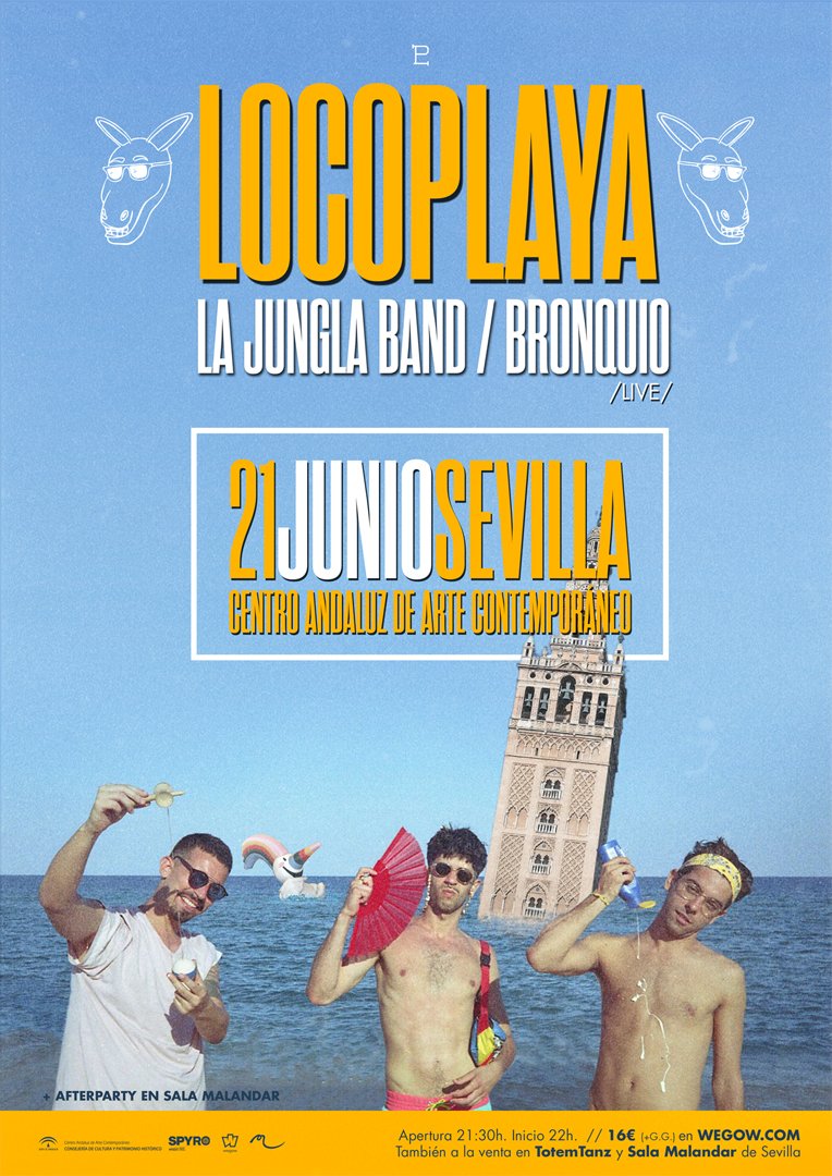 caac_sevilla's tweet photo. Para dar la bienvenida al #verano, 2 nuevas citas musicales en el #CAAC
21 JUN. @LocoplayaRap, @LaJunglaBand, Bronquio https://t.co/49H55gJXwj
22 JUN. Fiesta Presentación #CaravanSur, con @losganglios, Rupatrupa, @LaSraTomasa y C. Palangana & Rosalinda https://t.co/75vS5vt5h6 https://t.co/pBoj8POYmn