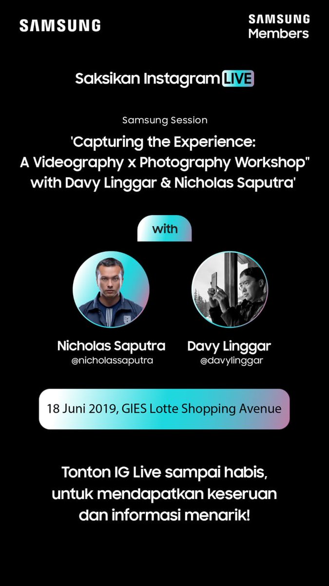 samsungID's tweet photo. #SamsungSession with Nicholas Saputra & Davy Linggar starts now!
Jangan sampai kelewatan keseruannya di Live Instagram Samsung Indonesia.
#NeverAfraid #GalaxyS10 https://t.co/TO0kFTCk8m