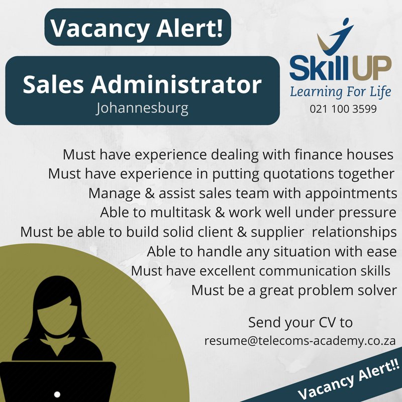 TELCO SALES SECRETARY WANTED IN JHB 👩‍💼 
2 years experience working in a Connectivity environment, experience being part of a sales team - Energetic and ambitious; - Familiar with invoicing / Quotes / Sales orders, Please send CV 
+ profile picture to resume@telecoms-academy.co.za