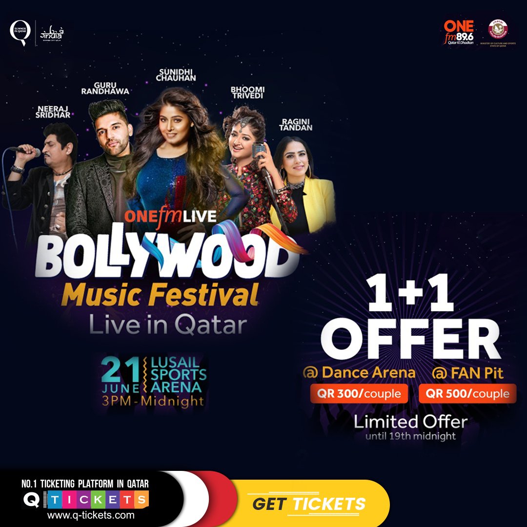 QticketsLIVE's tweet photo. Here's just the reason to jump into the #BMF2019 frenzy head on. Don't miss catching #SunidhiChauhan, #GuruRandhawa & many more..
Applicable on select seats. Avail the offer here π: https://t.co/o4ChLjfY1q
#SummerinQatar #LiveinQatar #VisitQatar #Bollywood #QticketsLive https://t.co/rWbXSF7q6W