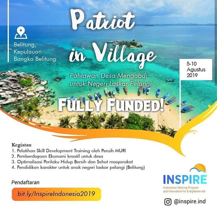 mhdharisagani's tweet photo. OPEN VOLUNTEER PAHLAWAN MENGABDI UNTUK DESA 2019- FULLYFUNDED
Ayokk gabuungg !
#volunteer #volunteering #volunteers #socialprojects #fullyfunded #fullfunded #openvolunteer #relawan #pengabdian #Belitung #bangkabelitung #pengabdianmasyarakat https://t.co/e7BRPEsNE7