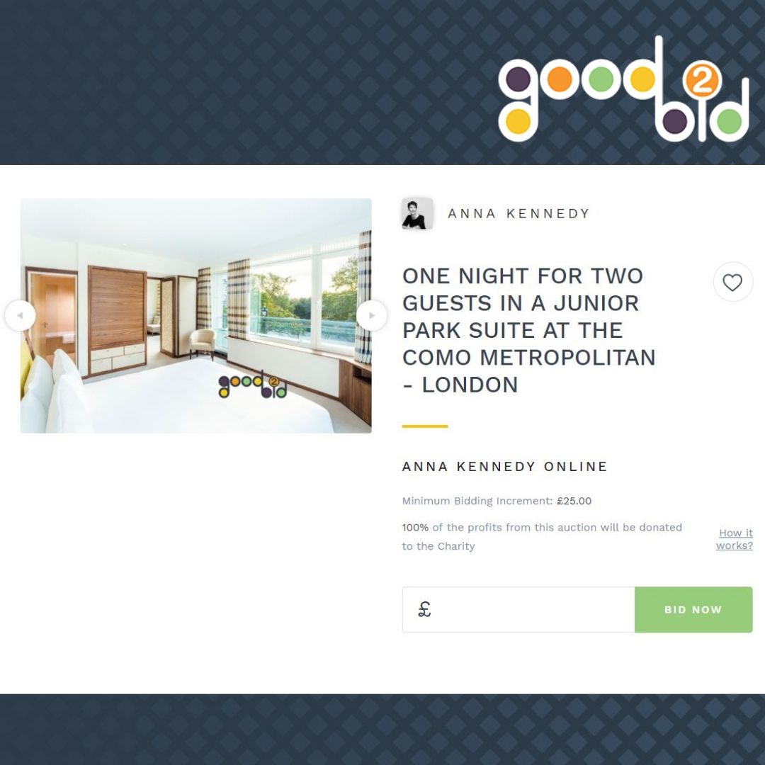 WIN A ONE NIGHT FOR TWO GUESTS IN A JUNIOR PARK SUITE AT THE COMO METROPOLITAN - #LONDON. GET YOUR BIDS IN: good2bid.co.uk/auctions/brows…

#charity #charityauction #goodcause