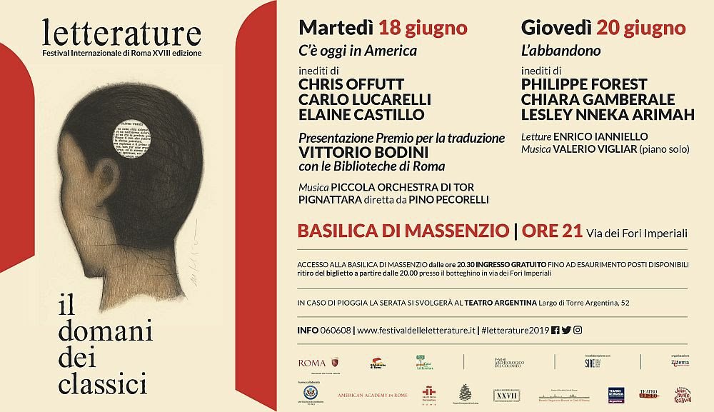 🏛 Colosseo • Foro Romano • Palatino (@parcocolosseo) on Twitter photo 📚 #Letterature2019 in #BasilicadiMassenzio
Martedì #18Giugno con @Chris_Offutt, <a href="/CarloLucarelli6/">CarloLucarelli</a>, Elaine Castillo.
Interventi musicali <a href="/POTorpigna/">Piccola Orchestra di Tor Pignattara</a> diretta da <a href="/PinoPecorelli/">Pino Pecorelli</a>.
⏰ Ingresso gratuito dalle 20.30 dal Clivo di Venere Felice (Via dei Fori Imperiali). 📚 #Letterature2019 in #BasilicadiMassenzio
Martedì #18Giugno con @Chris_Offutt, <a href="/CarloLucarelli6/">CarloLucarelli</a>, Elaine Castillo.
Interventi musicali <a href="/POTorpigna/">Piccola Orchestra di Tor Pignattara</a> diretta da <a href="/PinoPecorelli/">Pino Pecorelli</a>.
⏰ Ingresso gratuito dalle 20.30 dal Clivo di Venere Felice (Via dei Fori Imperiali).
