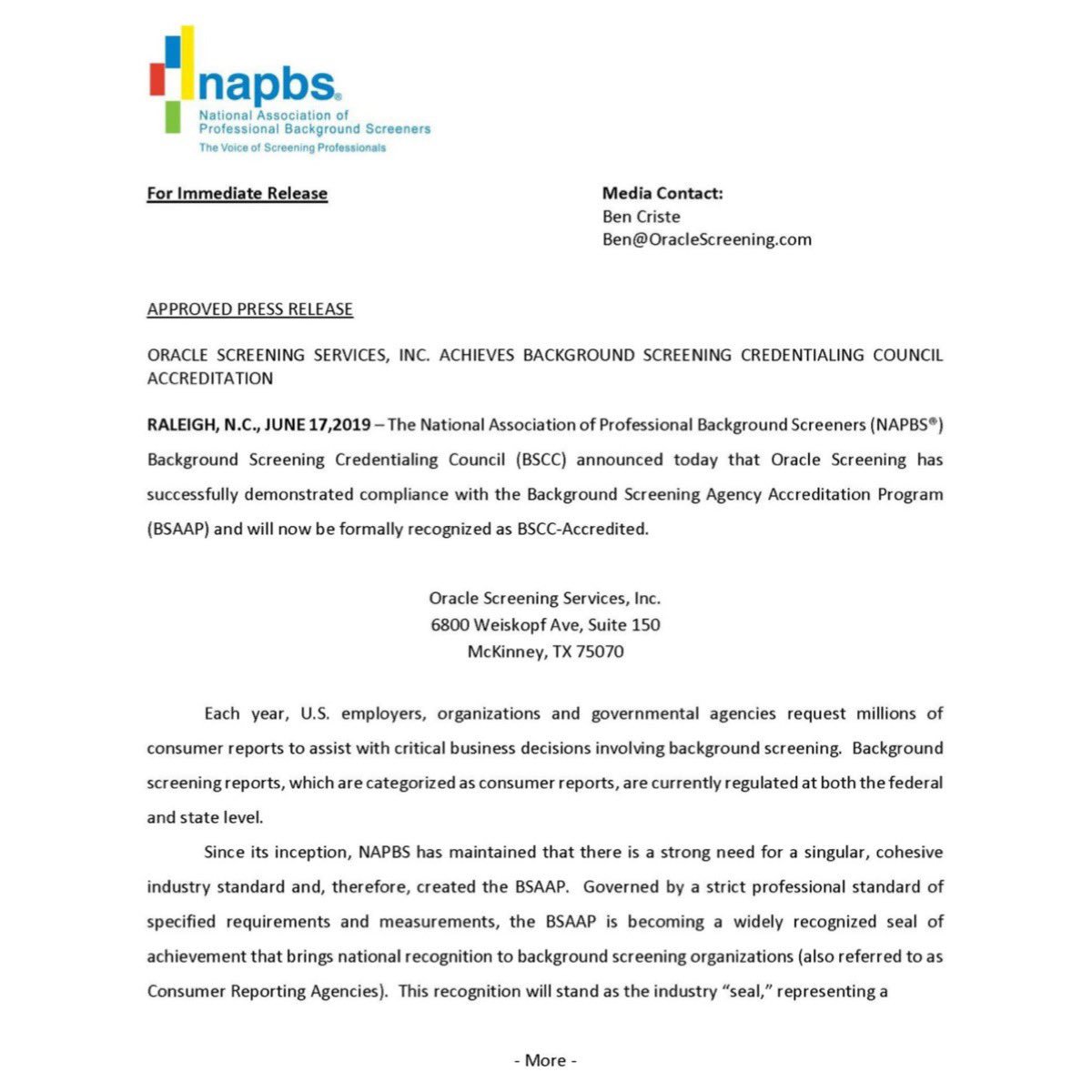 OracleScreening's tweet image. NAPBS Accredited Press Release
