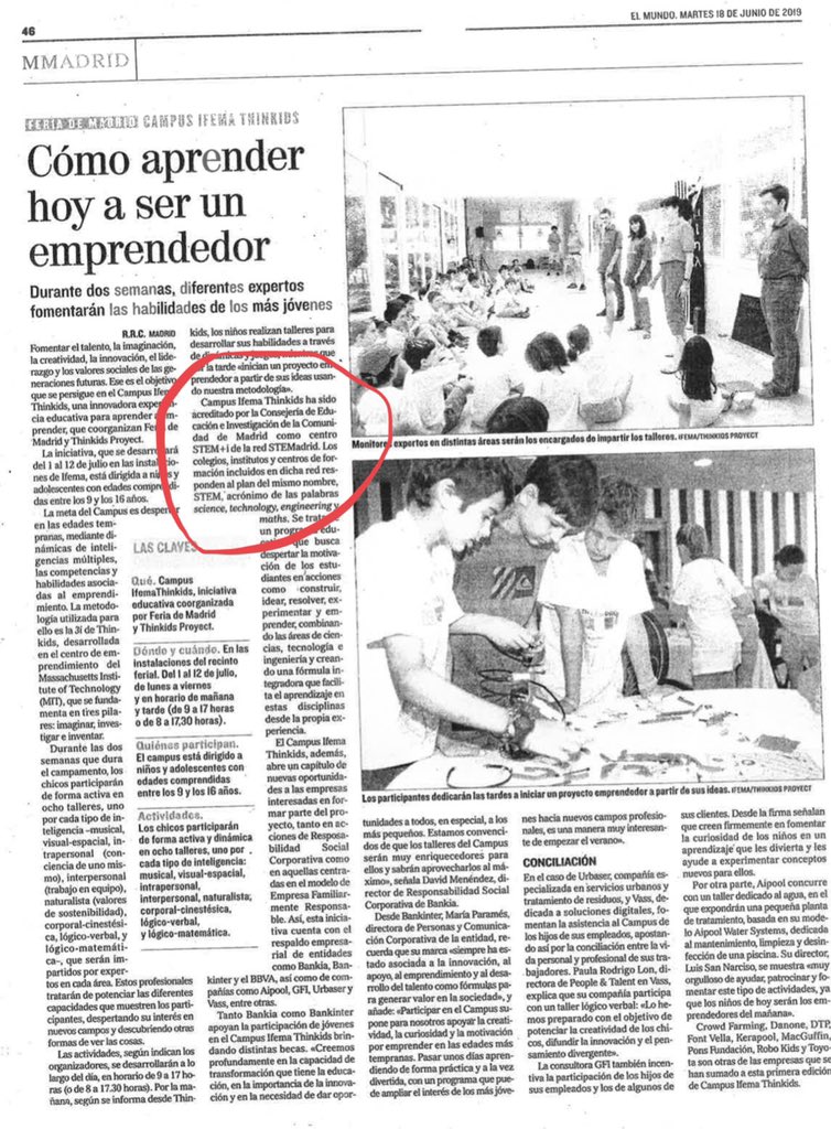 El Programa STEMadrid de la Consejeria de Educación hoy en EL MUNDO, ABC y Expansión. Colaboración con IFEMA en el campamento Thinkids de creatividad e innovación a través de talleres lógico-matemáticos, musical, lógico-verbal, interpersonal...