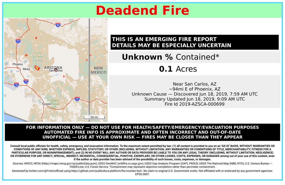 2019-AZSCA-000699 - #DeadendFire 🔥 discovered Jun 18, 2019, 7:59 AM UTC - unofficial report.
#GilaCounty San Carlos Agency; Near San Carlos, AZ. ~94mi E of Phoenix, AZ. See officials for safety info. May be incorrect; disclaimers in images.