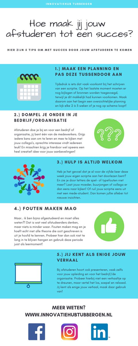 5 tips om met succes door jouw afstuderen te komen! 🙌

Ga jij binnenkort beginnen met #afstuderen of ben je juist bezig met de laatste loodjes en ga je binnenkort jouw #advies presenteren? Dan komen onderstaande #tips vast van pas!