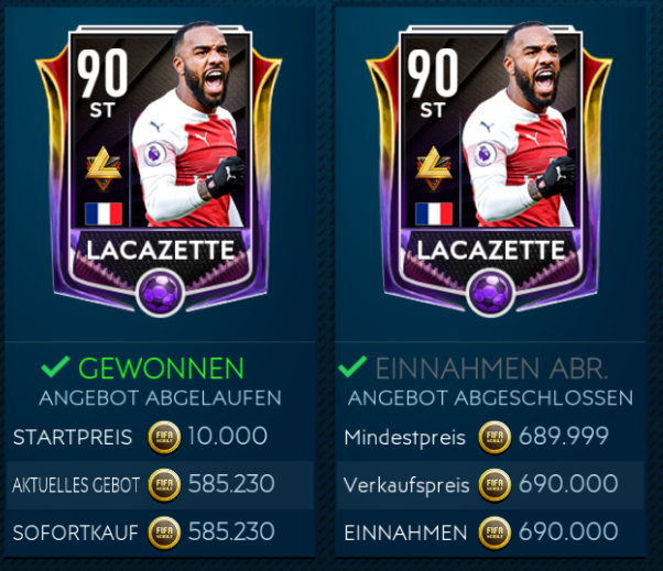 MGrossreus's tweet photo. #FIFAmobile #snipingfilter proof: and more than 100.000 coins profit with one trade, if selling Lacazette for 690k. https://t.co/humbcRoxEL