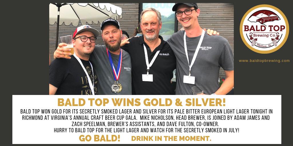 We are thrilled to win Gold &amp; Silver Awards in Virginia’s Annual Craft Beer Cup Gala! #baldtopbrewery #baldtopbrewing #baldtopfamily
#awardwinners #blueridgemountains #bringfido #petfriendly #craftbeer #craftbrewery  #breweriesinVirginia #SeminoleBeerTrail #gobald
#craftbeerlover
