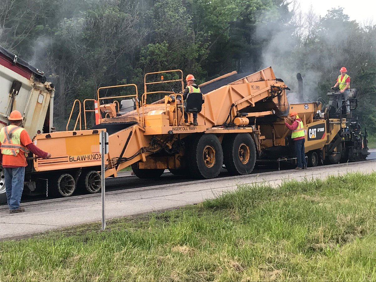 NYSDOTBuffalo's tweet photo. The first day of paving on northbound NY Route 400 began today in the towns of Elma and Aurora - 13 dump trucks full of hot mixed asphalt are on site and ready to roll https://t.co/k9IIa5ZsZY