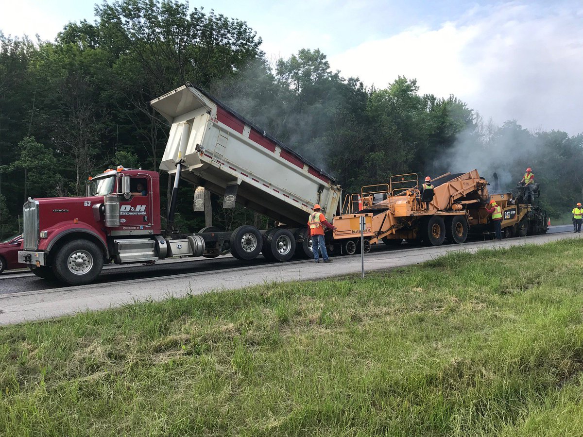NYSDOTBuffalo's tweet photo. The first day of paving on northbound NY Route 400 began today in the towns of Elma and Aurora - 13 dump trucks full of hot mixed asphalt are on site and ready to roll https://t.co/k9IIa5ZsZY