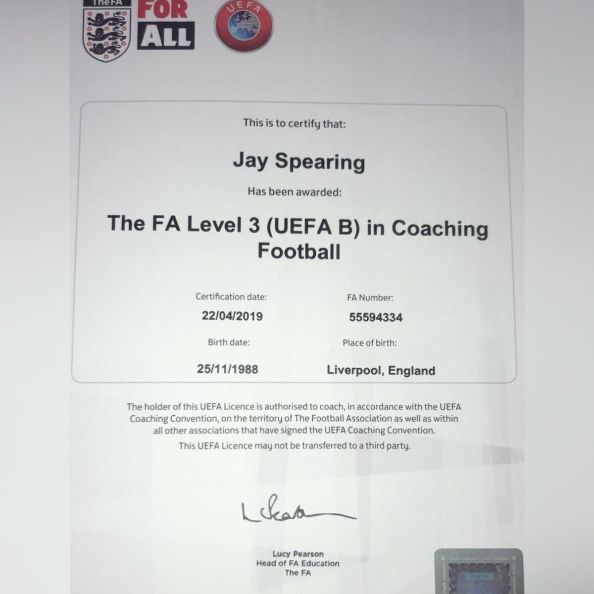 Jay Spearing On Twitter It S Official I Ve Got My Uefa B Fa