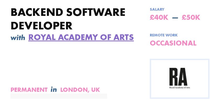 HonestWork's tweet photo. Our friends at @royalacademy are hiring a Backend Software Developer in London.

Apply in seconds!
https://t.co/ZhV5bMIQp0 https://t.co/b4Jt0ULRf5