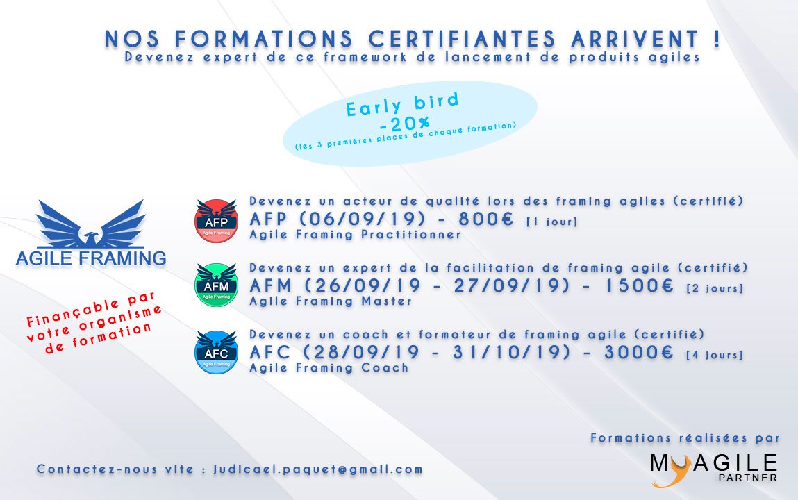 myagilepartner's tweet image. Les formations sur le framing agile arrivent en septembre sur Paris ! (à liker et partager)

Early Bird disponibles - possibilité de financement par votre organisme de formation.

agile-framing.com/index.php/cert…

#framingagile #agileframing #agile #coachagile #coachingagile