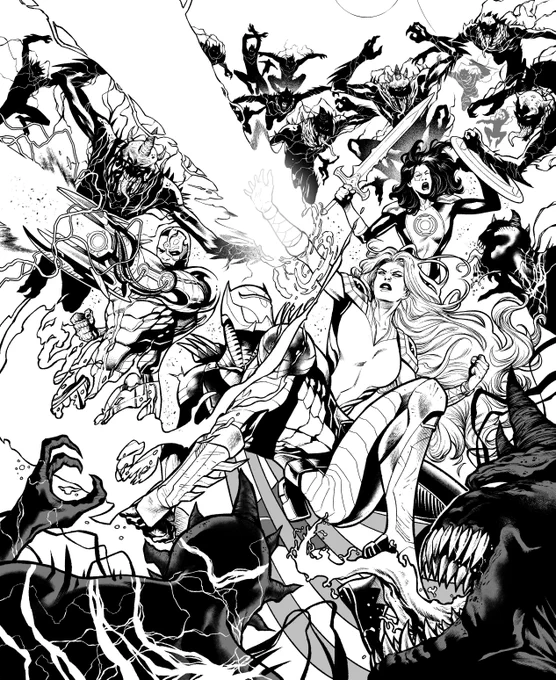 Crop from Justice League Odyssey#9 cover in B&amp;W. My inks over @Sampere_art 's awesome pencils. 