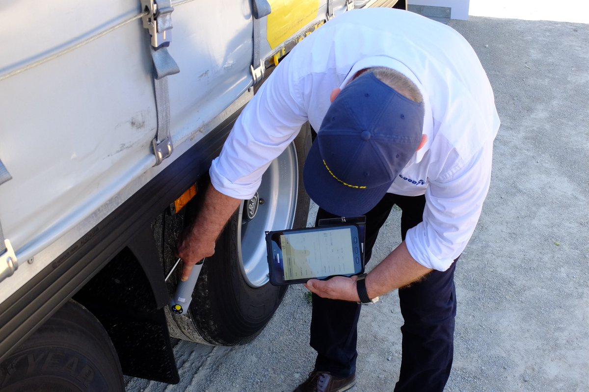 Translogik's tweet image. Goodyear tyres using the Translogik iProbe for fleet inspections.