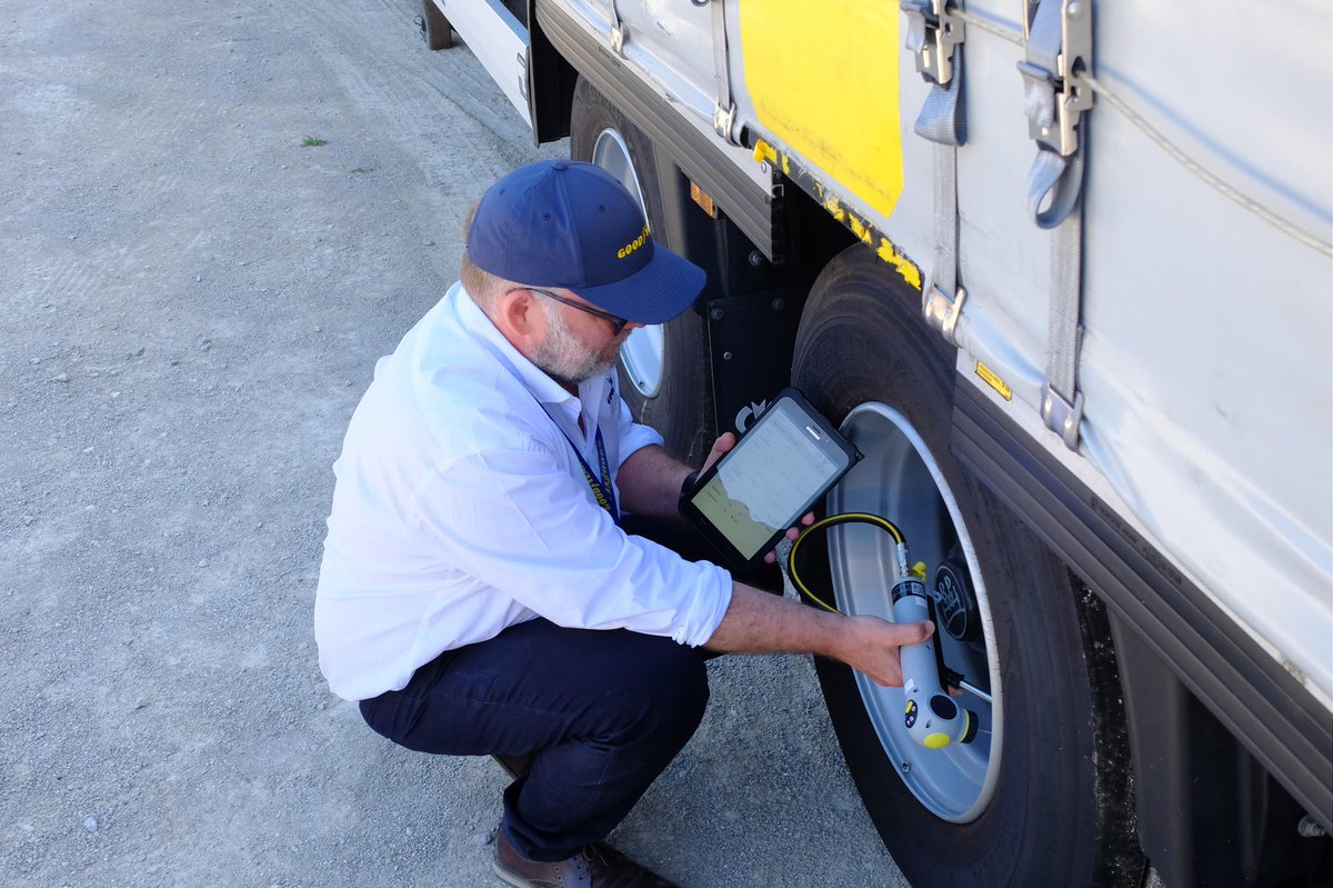 Translogik's tweet image. Goodyear tyres using the Translogik iProbe for fleet inspections.