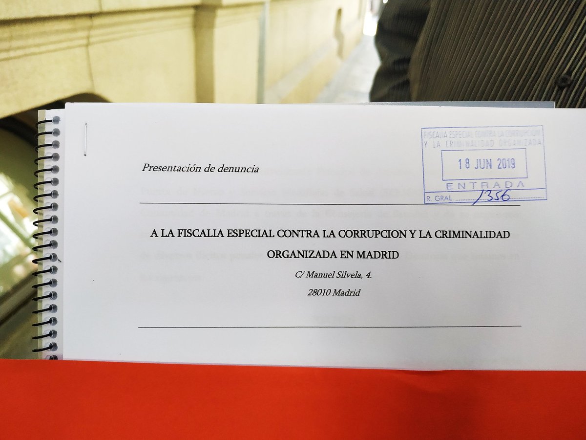 📢 Acabamos de presentar una denuncia en la Fiscalía contra la Corrupción y el Crimen Organizado sobre la contratación en la #SanidadPública de #Madrid.

Porque nuestras vidas valen más que sus beneficios 

#FelizMartes