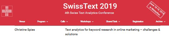 Rischdl_Spies's tweet photo. Tomorrow in the demo track: Compare the actual used search terms from user behavior to the word frequencies in the text content of the website – to identify keyword or topic gaps of website texts. #SwissText2019 #TextAnalytics #NLP #ZHAW #Winterthur #Switzerland https://t.co/n6Tao1RiVp